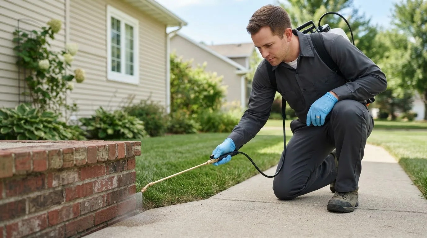 Pest control technician treating a home near Bath, NH